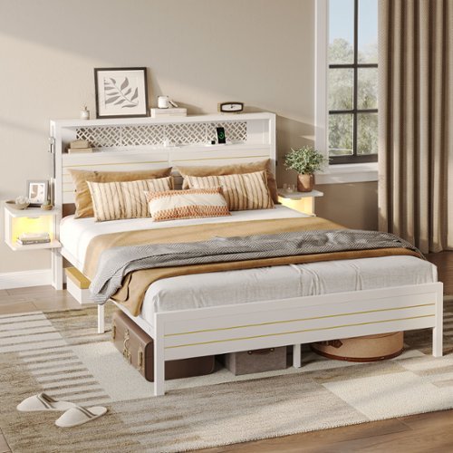 Bestier - Queen Gaming Bed Frame Golden Stripe Headboard LED Nightstands with Charging Station - White-Front_Standard 