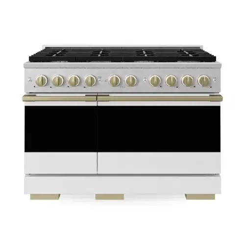 Front. ZLINE - Autograph 48 in. 6.7 cu. ft. Marino Dual Fuel Freestanding Range w/ 8 Burners in Satin Steel w/ White & Bronze Accents - Satin Stainless Steel.