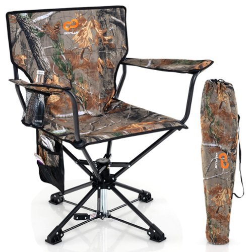Costway - 360° Swivel Hunting Chair with Mesh Cup Holder & Storage Pockets Cozy Backrest - Camo