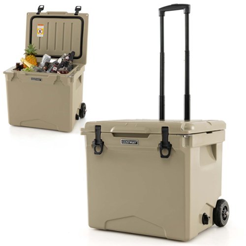  Costway - 42 Qt Portable Cooler Roto Molded Ice Chest Insulated 5-7 Days with wheels Handle - Tan