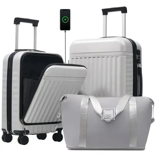 Front. Ecooso - Front Opening Luggage Set 3 Piece, Hardside ，USB Port, Expandable Luggage with Handle Bag Spinner Wheels TSA Lock - Grey+White.