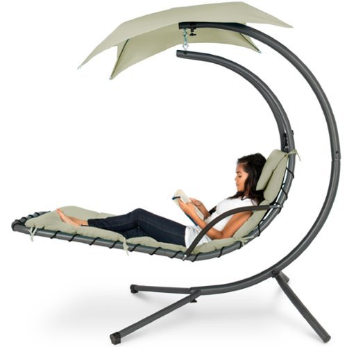Best Choice Products - Hanging Curved Chaise Lounge Chair Swing w/ Pillow, Shade, Stand - Sage-Front_Standard 