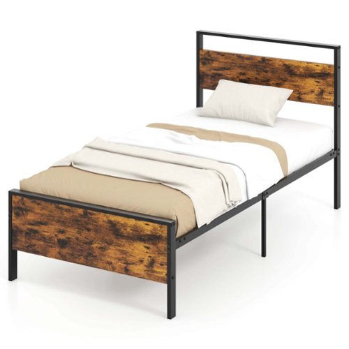Costway - Twin Size Bed Frame with Wooden Headboard and Footboard Under-Bed Storage - Brown-Front_Standard 