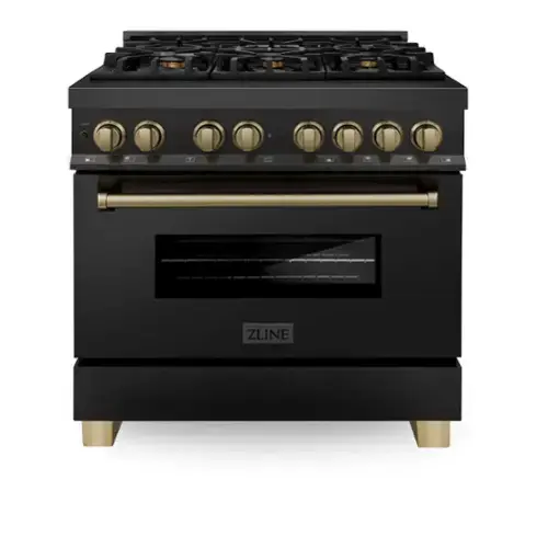Front. ZLINE - Autograph Edition 36 in. 4.6 cu. ft. Freestanding Legacy Dual Fuel Range in Black Stainless Steel and Bronze Accents - Black.