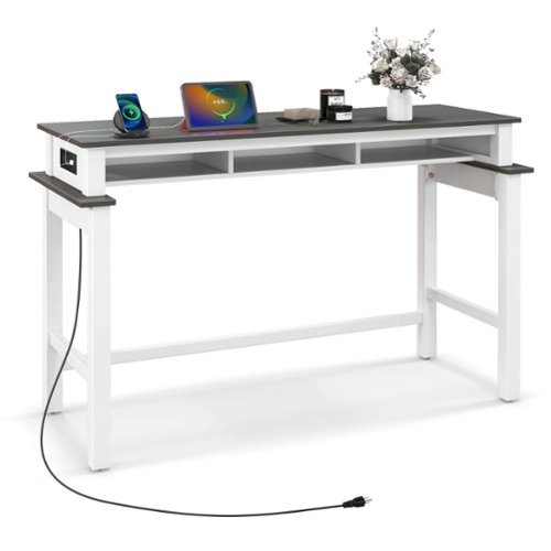 Costway Bar Table with Power Outlets Counter Height Table with Storage Compartments Wooden - Grey