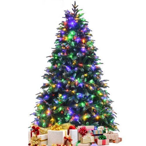 Costway - Pre-Lit Snowy Christmas Hinged Tree 11 Flash Modes w/ 450 Multi-Color Lights - Green/White