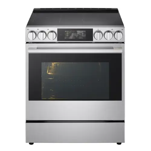 Front. LG - SIGNATURE 30” Slide-In Electric Induction True Convection Smart Range with Air Fry and AI Gourmet Camera - PrintProof Stainless Steel.