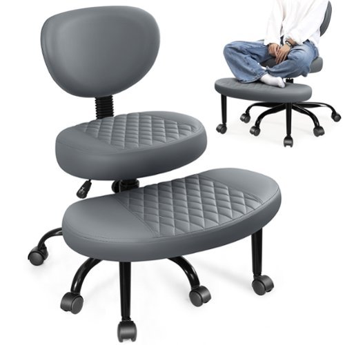 KERDOM - Ergonomic Wide Cross Legged Office Chair with Wheels, Yoga Meditation Chair Kneeling Chair, ADHD Desk Chair PU Leather - Gray-Front_Standard 