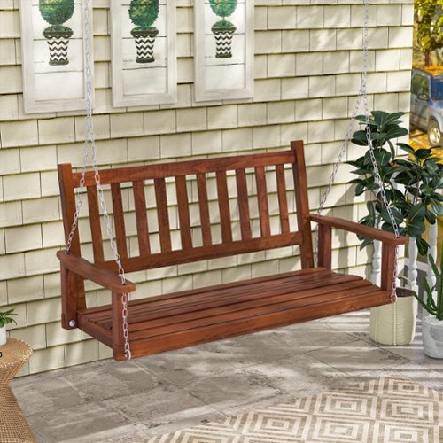 Costway 2-Person Wooden Outdoor Porch Swing Heavy Duty Patio Hanging Bench Chair - Brown