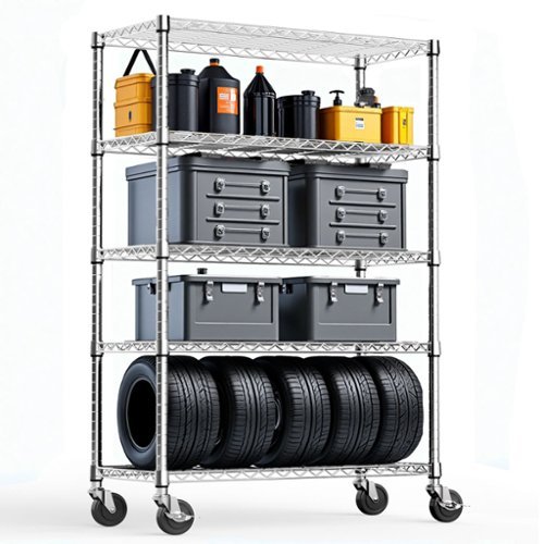  Mirfee - 5-Tier Steel Storage Shelving Unit with Wheels, 1750 LB Capacity Heavy Duty Wire Rack, 72.3" H Garage/Office Shelf - Chrome
