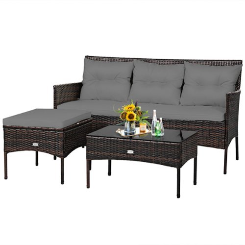 Costway - 3PCS Patio Rattan Furniture Set 3-Seat Sofa Cushioned Table Garden - Gray-Front_Standard 