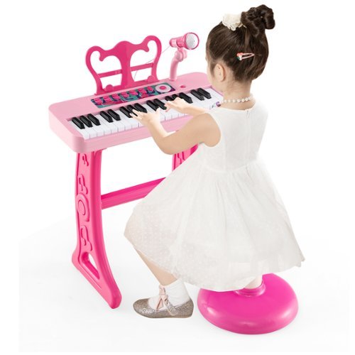 Costway 37-Key Kids Piano Keyboard Toy Musical Electronic Instrument with Stool Pink - Pink