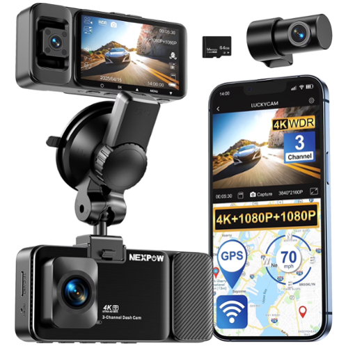 NEXPOW - 3-Channel Dash Cam with 4K Front and 1080P Cabin/Rear Cameras and 5G WiFi - Black-Front_Standard 