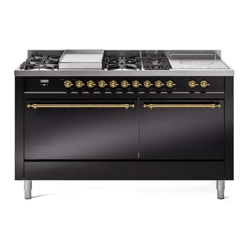 Front. ILVE - ILVE Nostalgie II Series 60 in. Dual Fuel Range with 7 Sealed Burners + Griddle (Liquid Propane, Brass Trim) - Glossy Black.