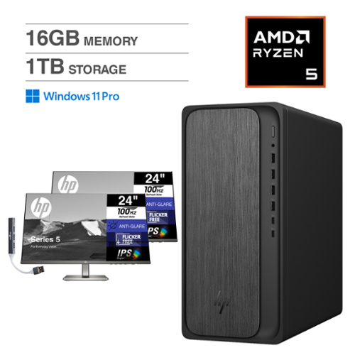 HP - OmniDesk Desktop (Ryzen 5, 16GB, 1TB SSD, WiFi 6, Win 11 Pro) Bundle with Two Monitors 24 inch and USB Hub - Gray Wood-Front_Standard 