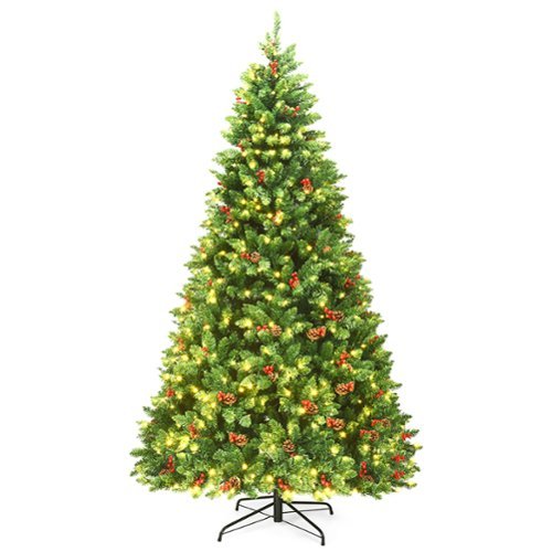 Costway - 7.5Ft Pre-lit Hinged Christmas Tree w/ Pine Cones Red Berries and 550 LED Lights - Green