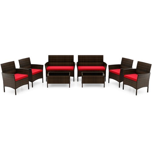 Costway - 8 PCS Patio Furniture Set with Washable Cushions and Tempered Glass Coffee Table - Mix Brown,Red-Front_Standard 