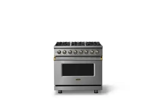 Front. Viking - 36"W. Pro5S 5.6 Cu. Ft. Freestanding Self-Clean Sealed 6 Burner Dual Fuel Convection Range-Stainless Steel/Brushed Brass - Stainless Steel.