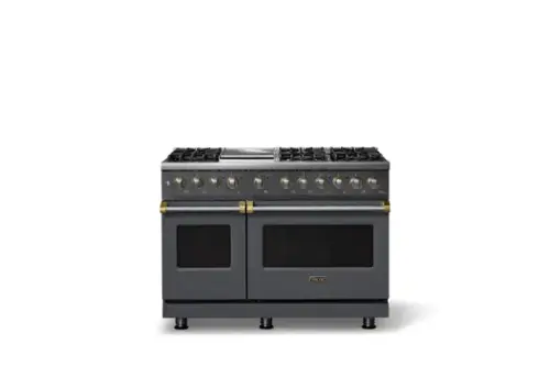 Front. Viking - Pro 5 Series 7.3 Cu. Ft. Freestanding Sealed 6B Dual Fuel Convection Range/Griddle - Cast Black w. Brushed Brass Trim - Cast Black.