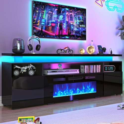 Espafurni - 70" TV Stand w/40" Fireplace & Charging Station, LED Lights, Storage – Fits 55-85" TVs, High Gloss - Black-Front_Standard 