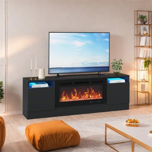 Acekool - 70" TV Stand for 75" TVs, Modern Wooden Console with Storage Cabinets, Fits 36" Electric Fireplace - Black-Front_Standard 