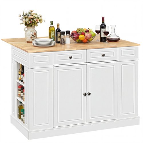 Costway - Kitchen Island with Storage Drop Leaf Breakfast Bar Table with Top Freestanding Buffet Sideboard - White + Natural-Front_Standard 