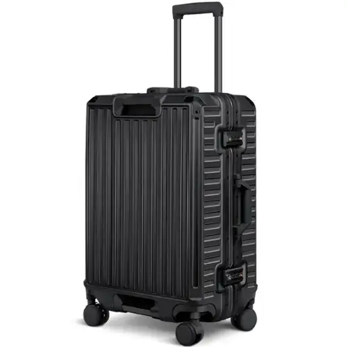Front. Sugift - 28" Hardside Checked Luggage Aluminum Frame Lightweight Suitcase with Spinner Wheels, TSA Lock & Cup Holder - Black.