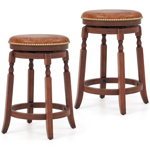 Costway - 24" Swivel Bar Stool Set of 2 with Upholstered Seat & Rubber Wood Frame Round - Brown