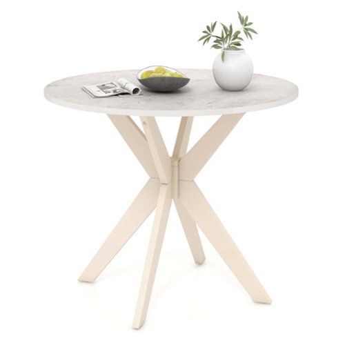 Costway Round Dining Table 36" Faux Marble Tabletop Rubber Wood Legs Kitchen - White