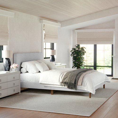 Martha Stewart - Britta Faux Linen Upholstered Queen Size Platform Bed with Piped Headboard in Gray - Gray Fabric/Walnut Legs