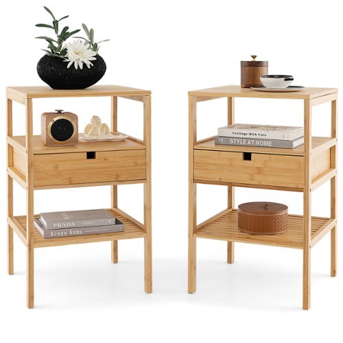 Costway - Bamboo Nightstands Set of 2 with  Pull-out Drawer and Storage Shelf  Wood - Natural