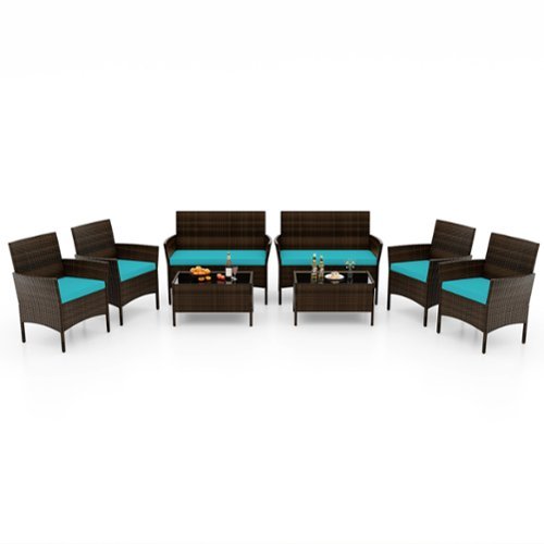 Costway - 8 PCS Patio Furniture Set with Washable Cushions and Tempered Glass Coffee Table - Mix Brown + Turquoise-Front_Standard 