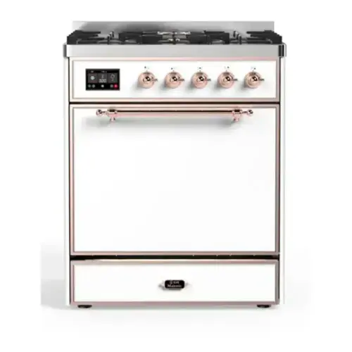 Front. ILVE - ILVE Majestic II Series  30 in. Dual Fuel Range with 5 Sealed Burners (Natural Gas, Copper Trim) - White.