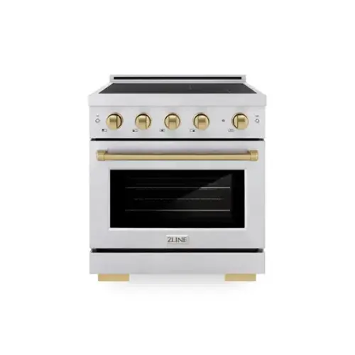 Front. ZLINE - Autograph 30 in. 4.2 cu. ft. Paramount Freestanding Induction Range with 4 Burners in Satin Steel with Bronze Accents - Satin Stainless Steel.
