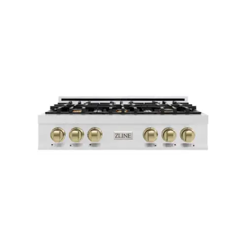 Front. ZLINE - ZLINE Autograph 36 in. Classic Rangetop w/ 6 Burners in Satin Stainless Steel & Bronze Accents - Satin Stainless Steel.