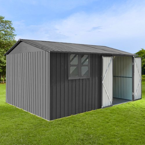 Anysun - 12x10ft Metal Garden Shed with Window, Shelves & Foldable Worktable, Outdoor Storage with Apex Roof & Locking Door - Gray-Front_Standard 