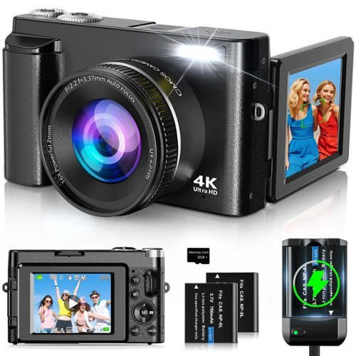 GlowWise - 4K 48MP Vlogging Camera with Autofocus/16X Zoom/Anti-Shake, YouTube Travel Camera with Flip Screen, SD Card & 2 Batterie - Blank-Front_Standard 
