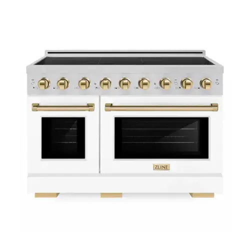 Front. ZLINE - Autograph 48 in. 6.7 cu. ft. Paramount Freestanding Induction Range with White Matte Doors and Polished Gold Accents - Matte White.