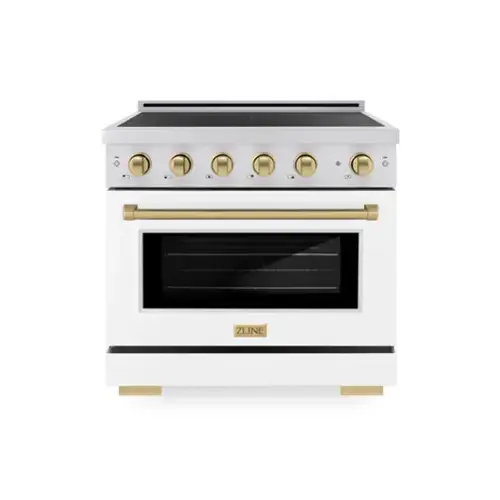 Front. ZLINE - Autograph 36 in. 5.2 cu. ft. Paramount Freestanding Induction Range with 5 Burners and Bronze Accents with White Door - Matte White.