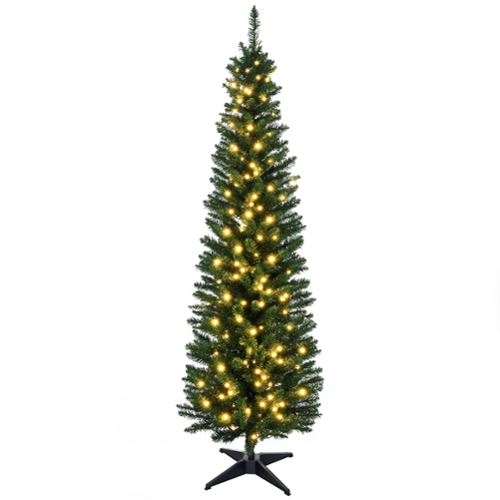 Homcom - Pre-Lit Slim Noble Fir Artificial Pencil Christmas Tree, Realistic Branches, 110 Warm White LEDs - Green-Front_Standard 