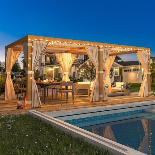 U-HOMY - Wood Grain Aluminum Louvered Pergola Gazebo with Adjustable Rainproof Roof, Curtains & Netting - Not provided-Front_Standard 