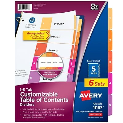 Avery - Ready Index Table of Contents Paper Dividers, 1-5 Tabs, 6 Sets/Pack - Multicolor
