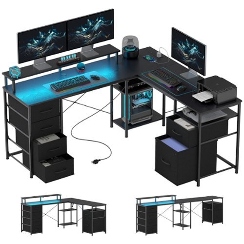 Homcom - 66" L Shaped Gaming Desk, Reversible 2 Person Computer Desk with File Cabinet and Power Outlets - Distressed Black-Front_Standard 