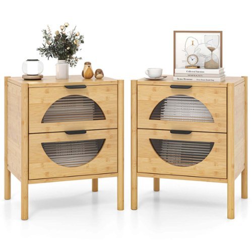 Costway 2 PCS Bamboo Nightstand with 2 Storage Drawers & Reeded Tempered Glass Fronts Bedroom - Natural