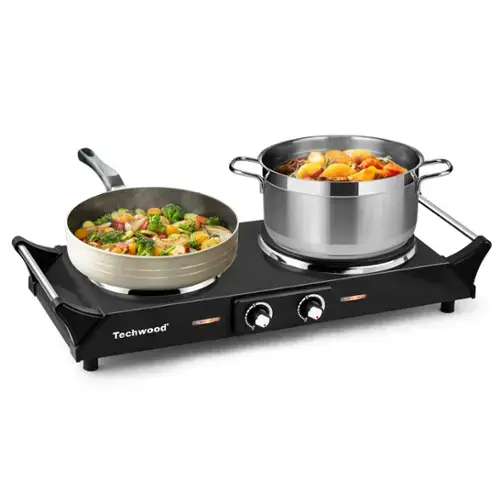 Front. Techwood - 1300w & 500w Double Burner with Stay Cool Handle, Adjustable Temperature Electric Cooktop for RV Home Camp - Black.