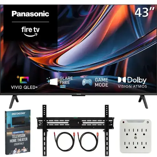 Panasonic  
43"  
fire tv  
+ VIVID QLED+  
GLARE FREE PRO  
+ GAME MODE  
Dolby VISION-ATMOS  

Panasonic  
DECOGEAR  
BEGINNER'S GUIDE TELEVISION HOME THEATER ESSENTIALS