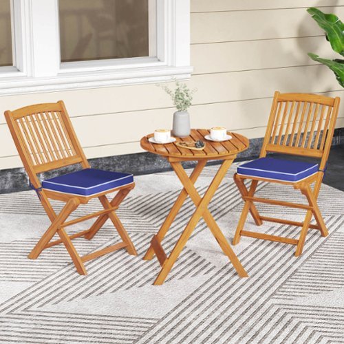 Costway 3 PCS Acacia Wood Patio Bistro Set Folding Table & Chairs Set with Cushions Navy - Natural,Navy
