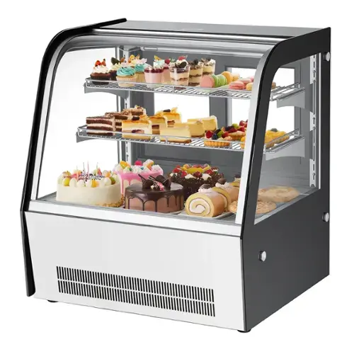 Front. VEVOR - Refrigerated Display Case, 4.2 Cu.Ft./105L Countertop Pastry Display Case, 2-Tier Commercial Cake Refrigerator with LED - White + Black.