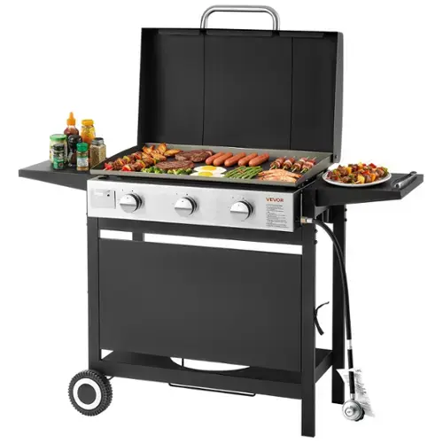 Front. VEVOR - Gas Griddle, 3-Burner Flat Top Grill, Propane Griddle with Wheels, Lid, 3 x 11000 BTU Outdoor Flat Top Grills - Black.