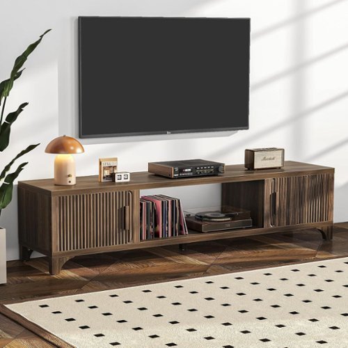 SKONYON - Mid-Century Modern TV Stand for 70 Inch TV with Storage, Fluted Media Console - Dark Brown-Front_Standard 